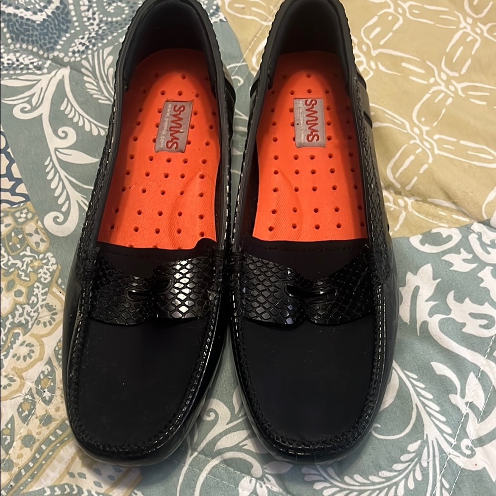 Swims Black Loafers with Bright Orange Insole